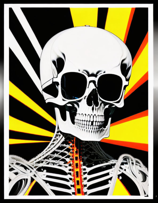 Stylized human skull and spinal anatomy with sunburst pattern in black, white, and yellow.