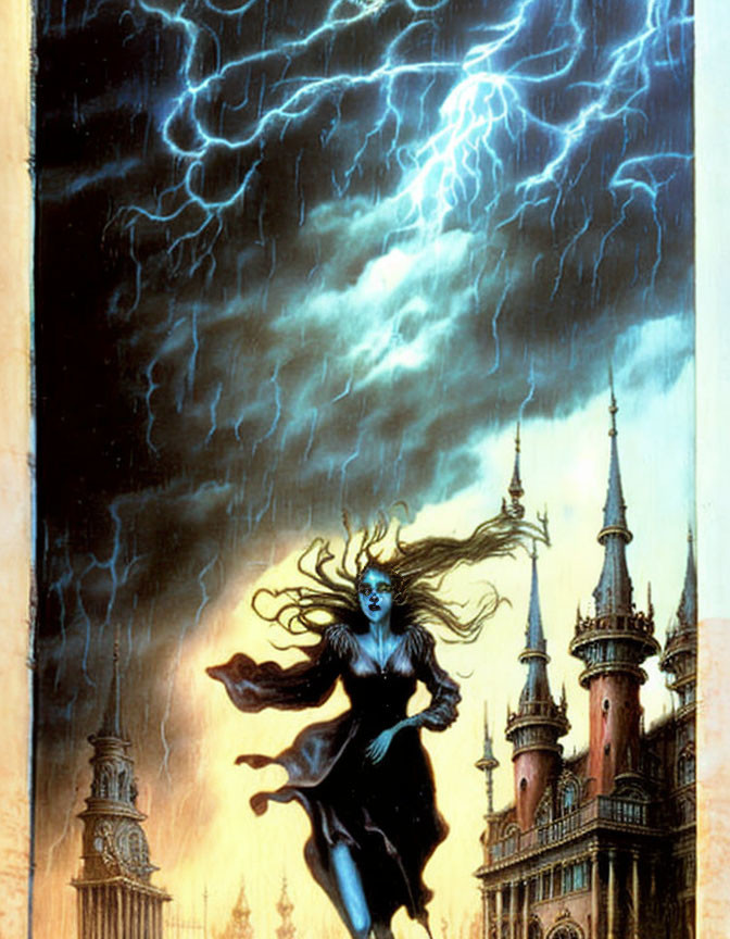 Blue-skinned woman levitates in stormy backdrop with gothic spires