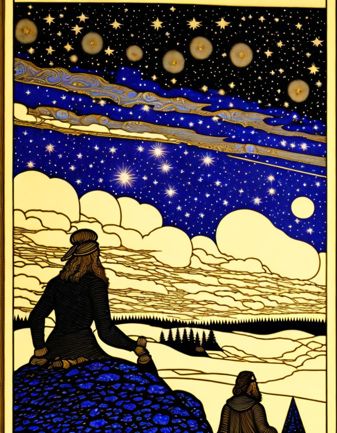 Person Sitting on Hill Under Starry Sky in Blue and Gold Tones