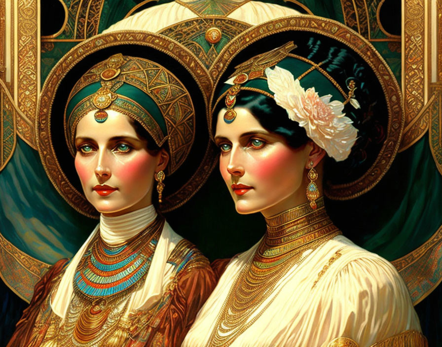 Elegant historical attire on two women with ornate headdresses