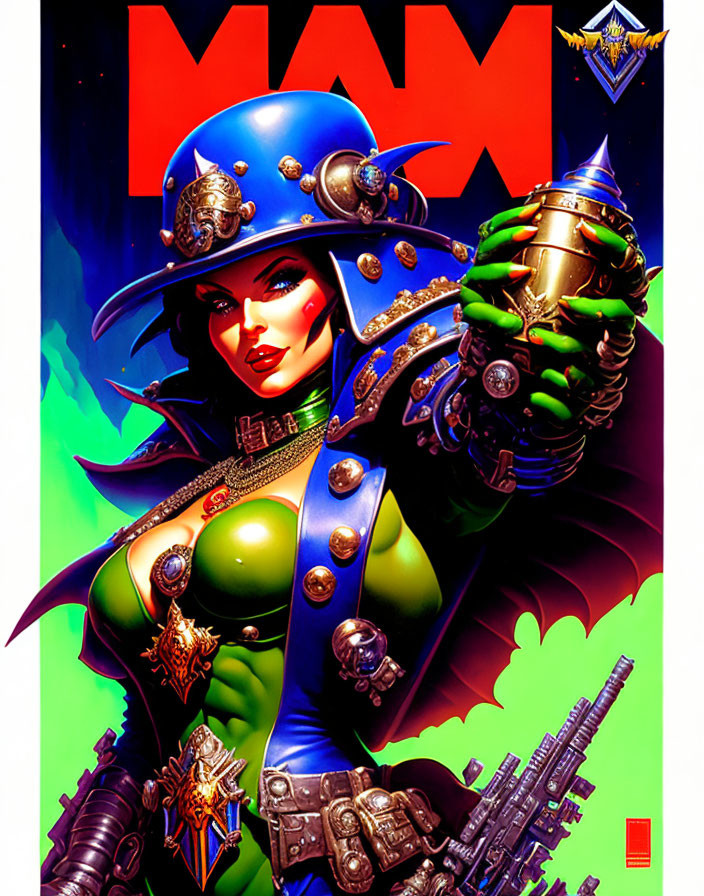 Futuristic female character in armor with cannon arm and military cap