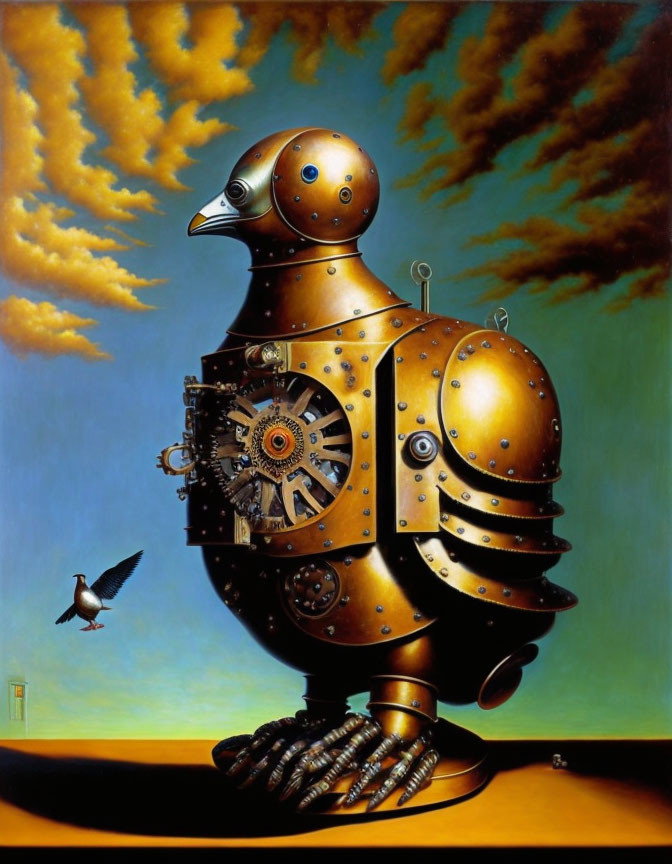 Surreal painting: mechanical bird, desert backdrop, real bird, small door