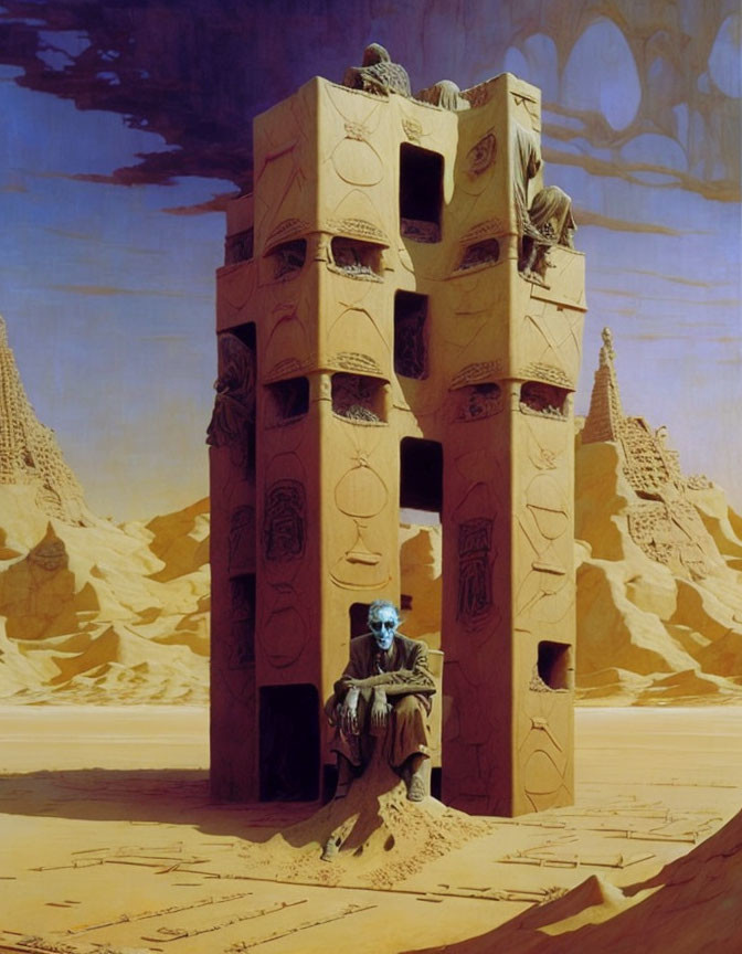 Robed Figure Sitting Before Carved Tower in Desert Landscape