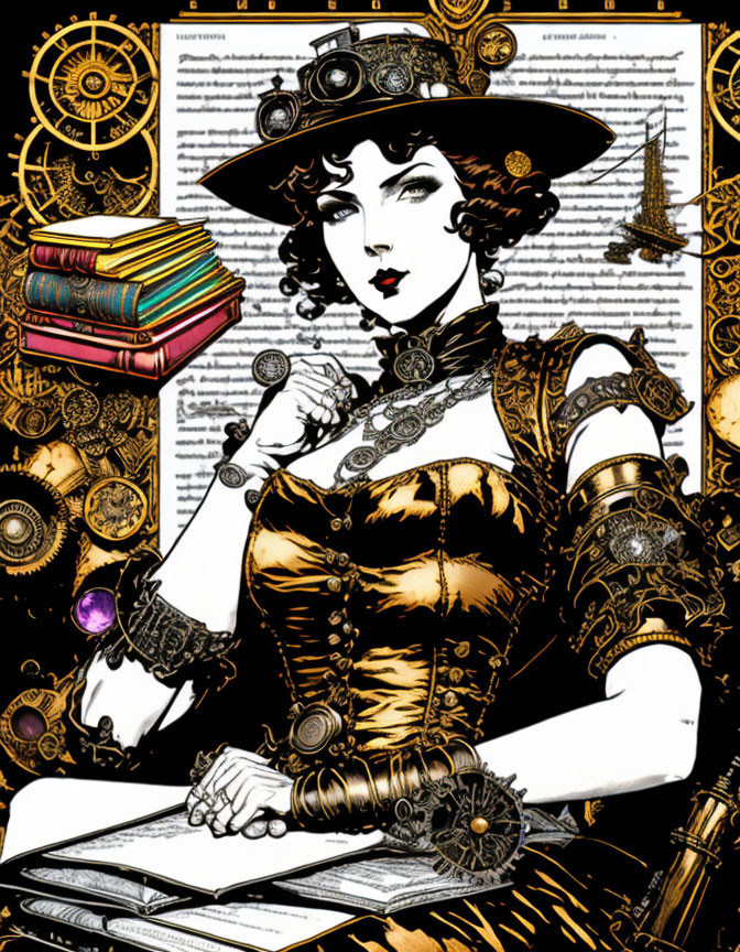 Steampunk Victorian woman with cogwheel elements and top hat.