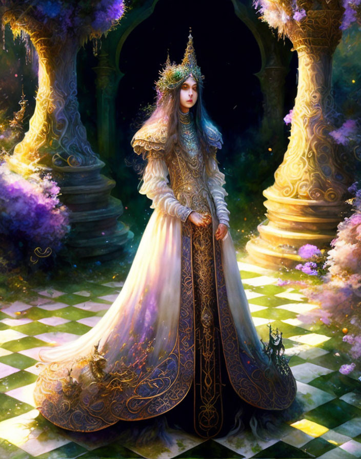 Regal woman in ornate gown in fantastical garden with checkered floors