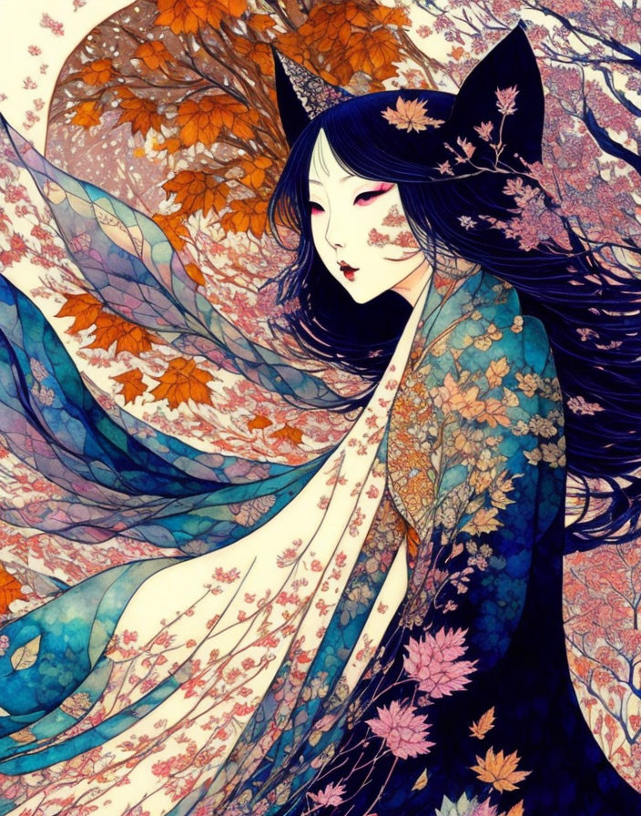 Illustrated woman in flowy kimono surrounded by autumn leaves