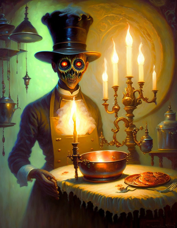 Mysterious skull-faced figure in Victorian setting with candelabras