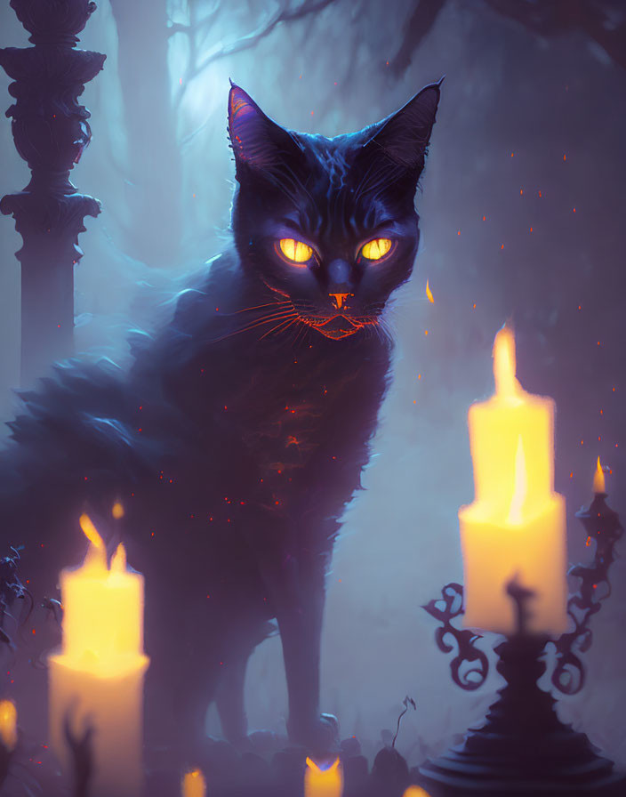 Blue cat with glowing eyes in mystical candlelit setting