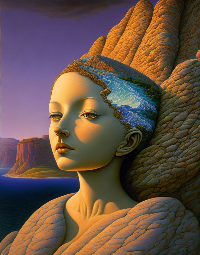 Surreal painting of woman's face blending with landscape in twilight sky