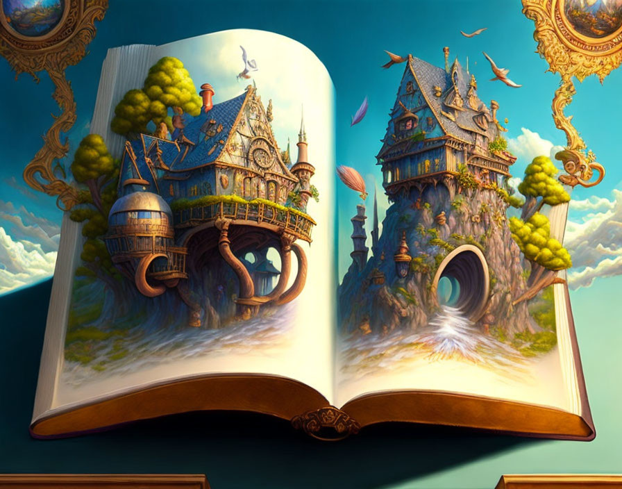 Vivid Imaginative Scene of Castles and Treetops in Open Book