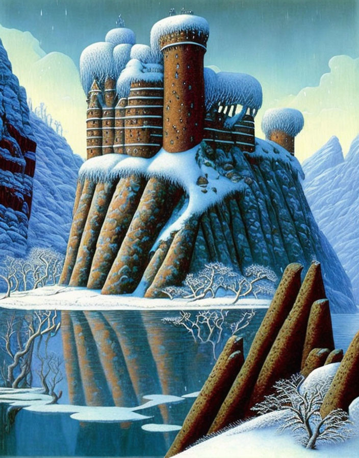 Fantasy castle with multiple towers on snowy cliff overlooking serene wintry landscape