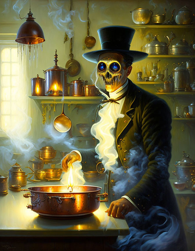 Skeleton in Top Hat and Suit Brewing Potion in Steaming Cauldron among Golden Pots and P