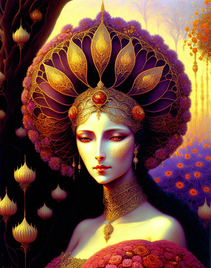 Elaborate golden headdress and vibrant autumnal backdrop