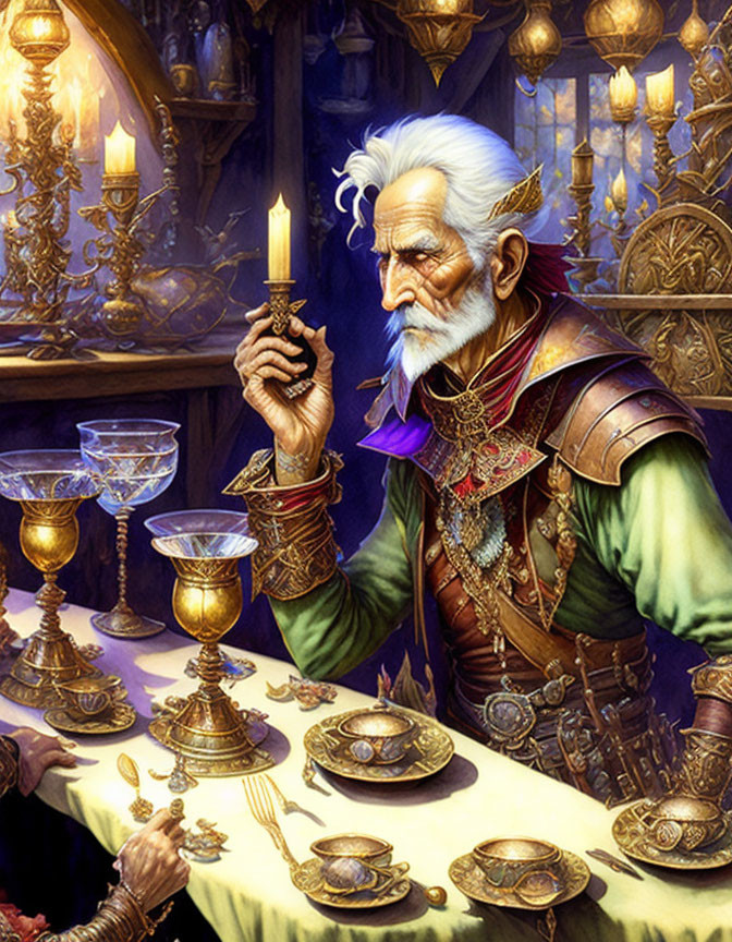 Medieval-themed portrait of elderly man at ornate table