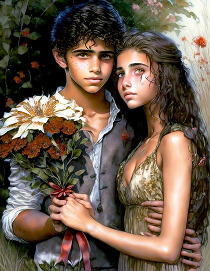 Young couple with white flower bouquet embracing in floral backdrop