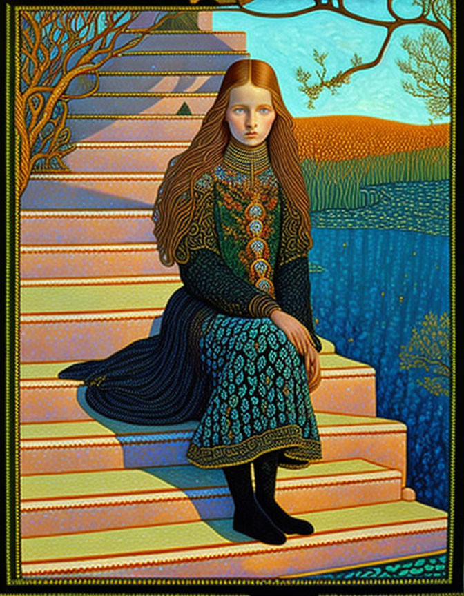 Colorful painting of young girl on steps in stylized landscape