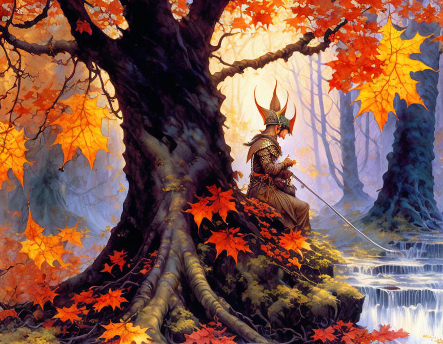 Fantasy knight in armor under autumn tree near waterfall