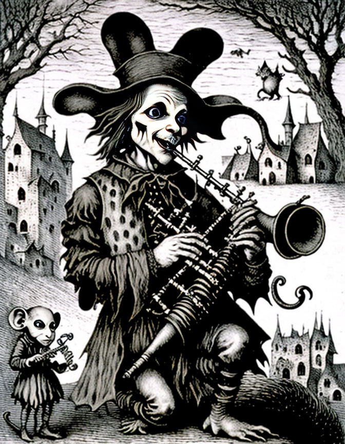 Surreal black and white illustration of character with clown-like face in large hat, playing pipes with