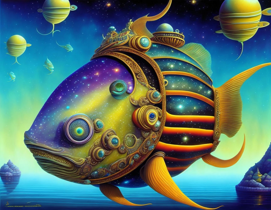 Cosmic fish with mechanical features in space scene