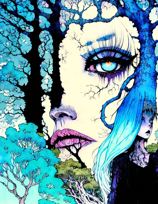 Woman's face merges with tree in vibrant blue hues