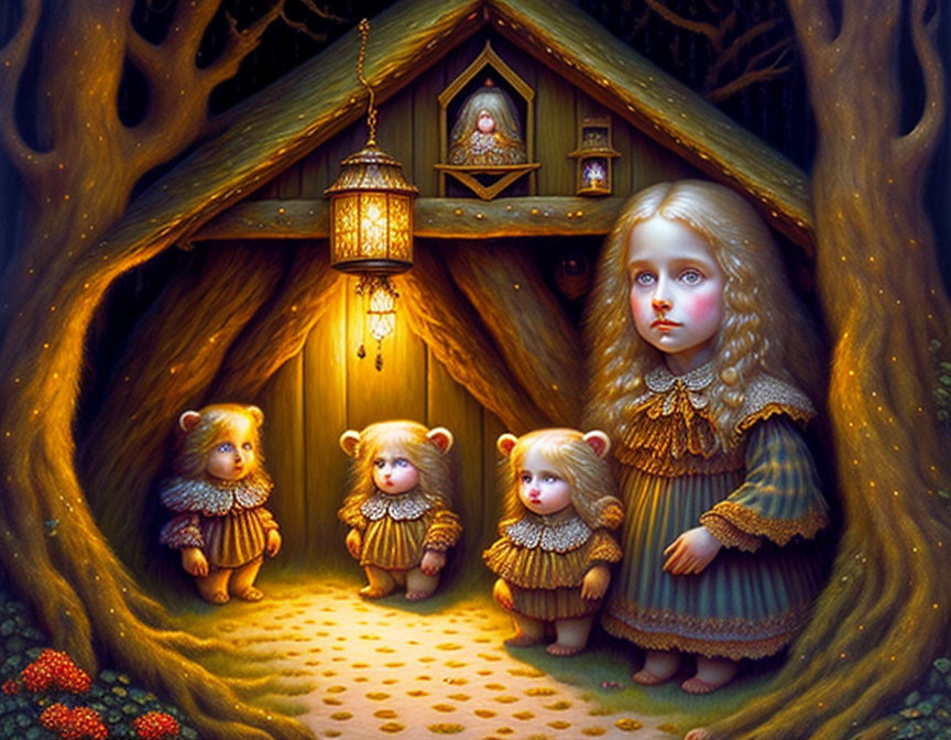 Four solemn-faced doll-like creatures outside a warm-lit treehouse.