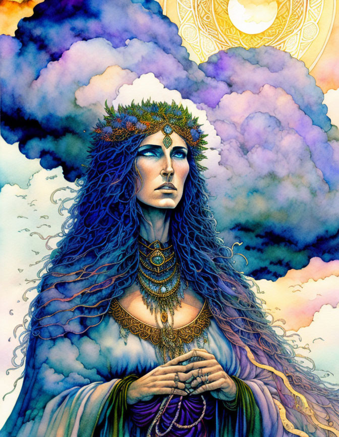 Mystical woman with blue hair and crown in golden jewelry on purple clouds backdrop