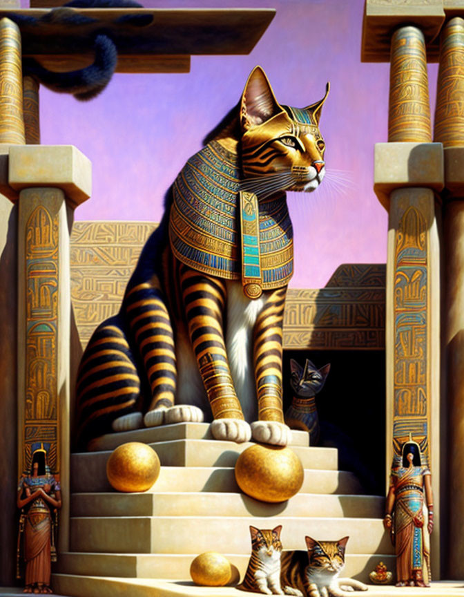 Regal anthropomorphic cat in Egyptian pharaoh attire on throne with columns.