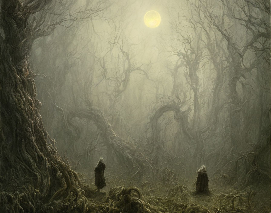 Ethereal forest scene with mist, gnarled trees, and cloaked figures