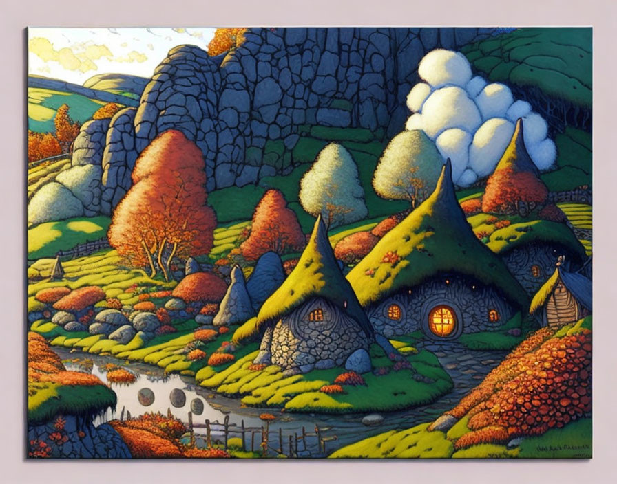 Colorful painting of quaint village in autumn scenery