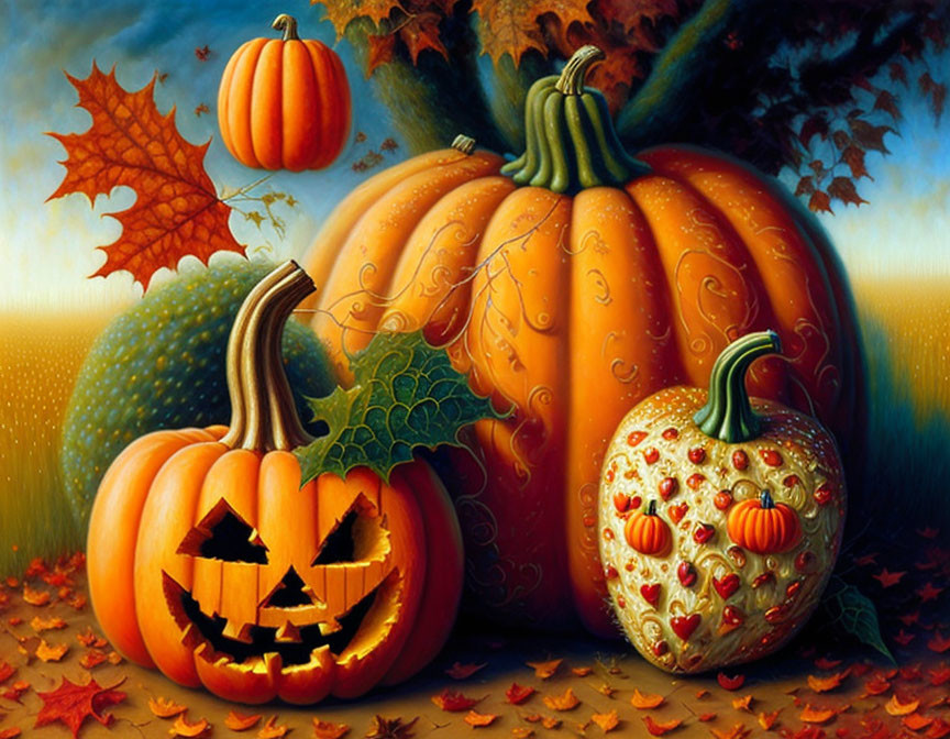 Colorful Pumpkin Painting with Autumn Leaves and Twilight Sky