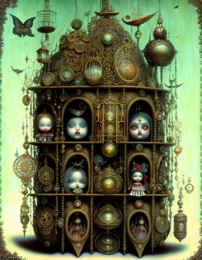 Intricate steampunk dollhouse with gears, clocks, and expressive dolls