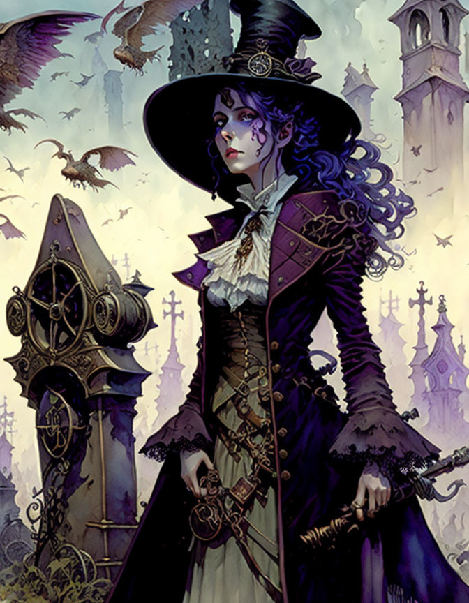 Gothic-style illustration of a woman in Victorian attire with bats, clockwork, and spires