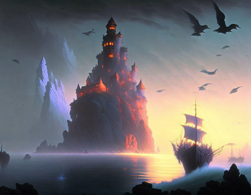 Glowing castle on craggy peak with mist, bats, and sailing ship