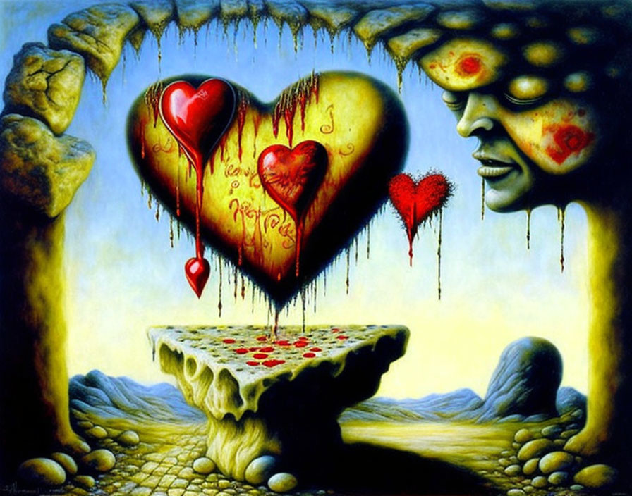 Surreal painting of levitating ornate hearts on yellow backdrop