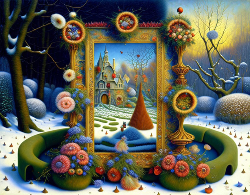 Fantastical landscape painting with vibrant flowers, castle, and surreal winter scenery