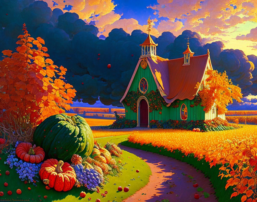 Tranquil autumn cottage with fall foliage and pumpkins