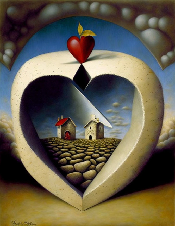 Surreal painting of two houses on cobblestone pathway in heart-shaped frame with floating red heart