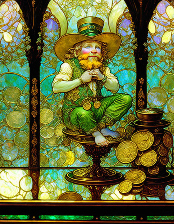 Leprechaun on gold coins with stained-glass window backdrop