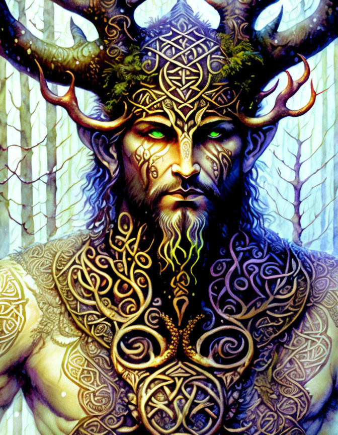 Mythical figure with antlers in Celtic-inspired tattoos on stained glass.