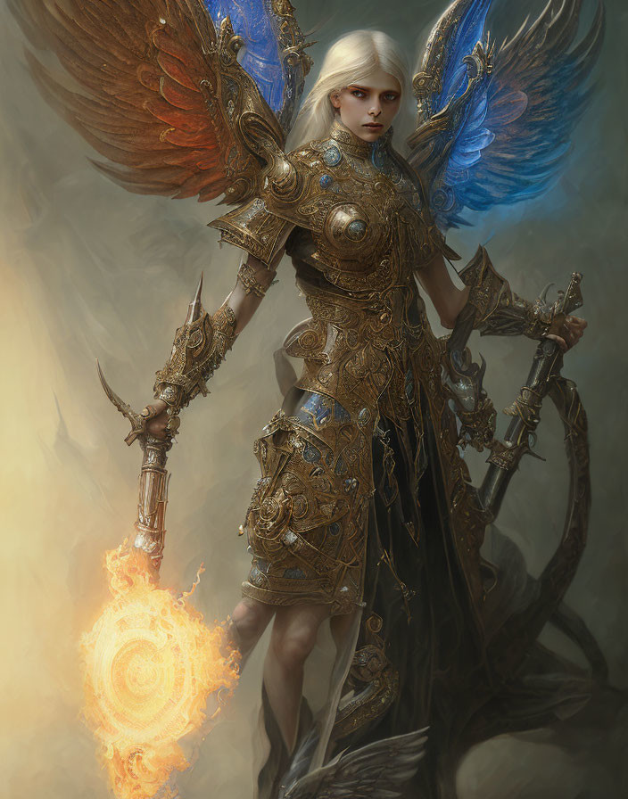 Majestic figure with angelic wings and flaming sword in ornate golden armor