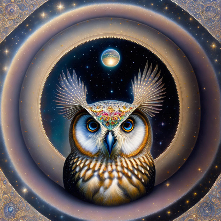 Surreal owl illustration with cosmic elements and intricate patterns