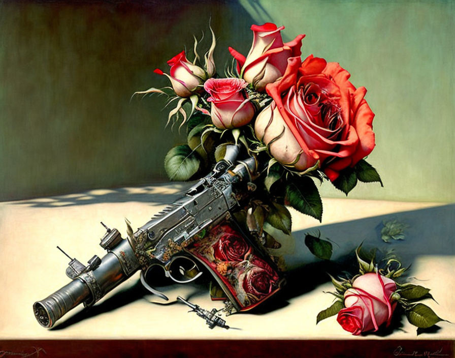 Realistic painting of assault rifle with floral patterns and blooming roses