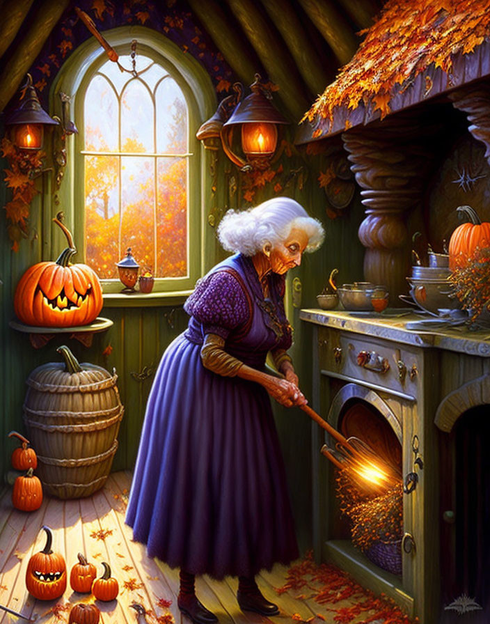 Elderly woman baking in cozy autumn kitchen surrounded by pumpkins and leaves