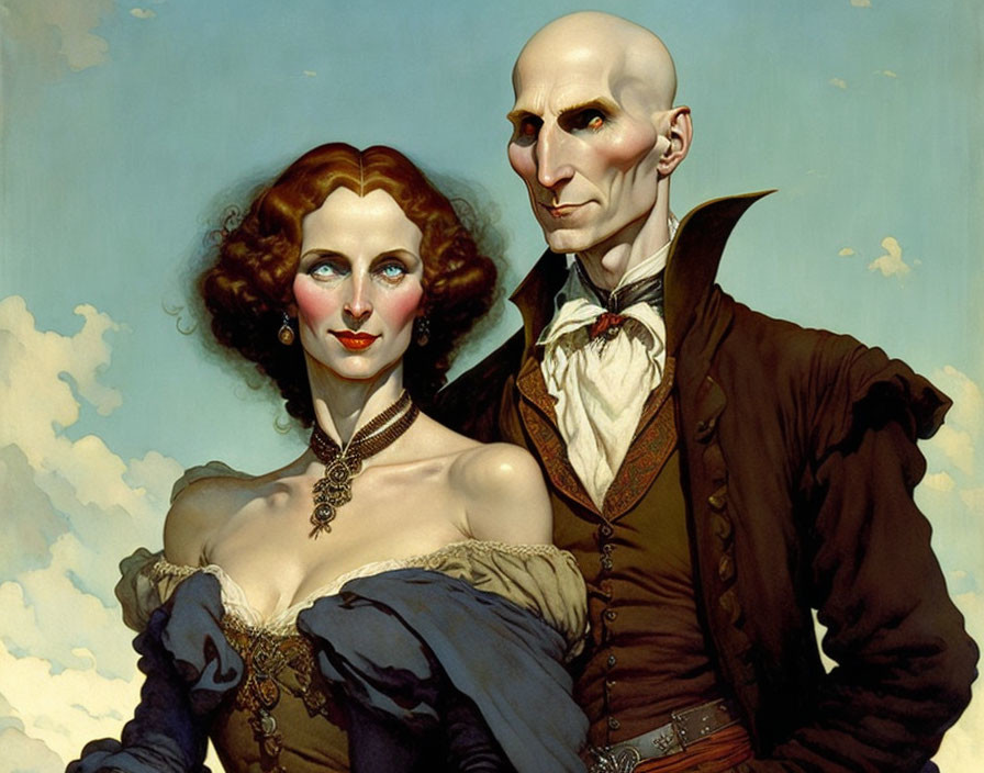 Victorian-style couple with gothic twist: woman in elegant attire, man with skull-like features