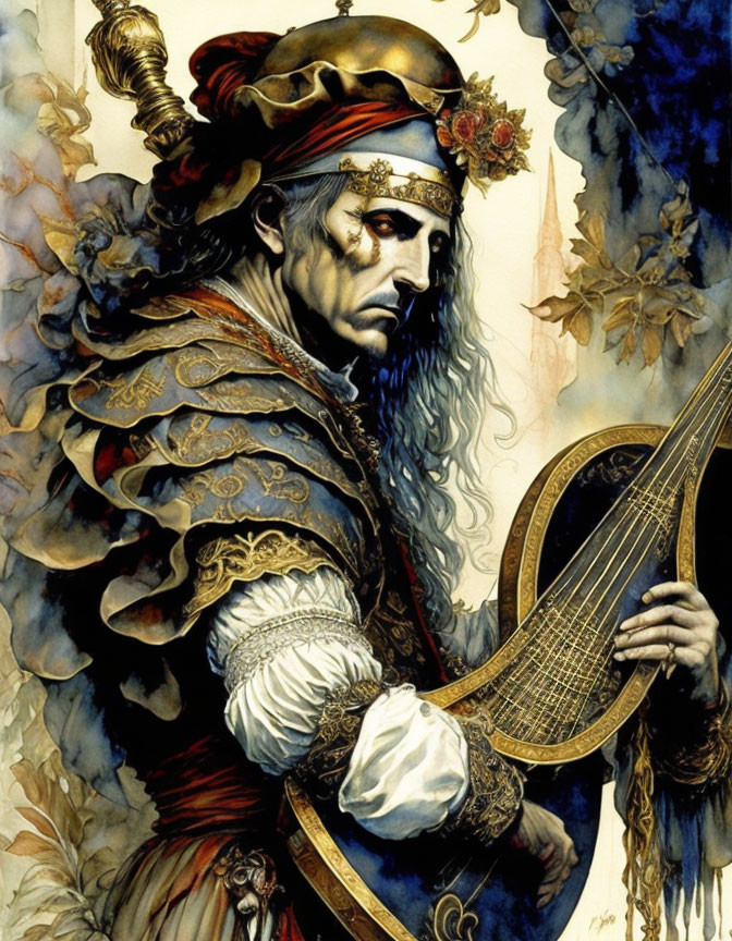 Illustrated bard in red headband plays instrument in medieval armor