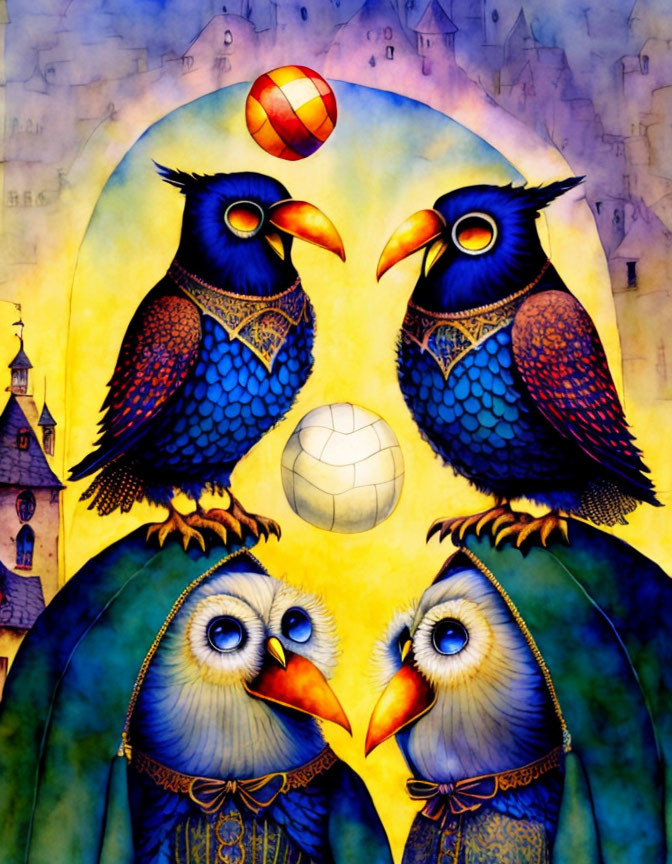 Vibrant owl family playing with ball in whimsical cityscape