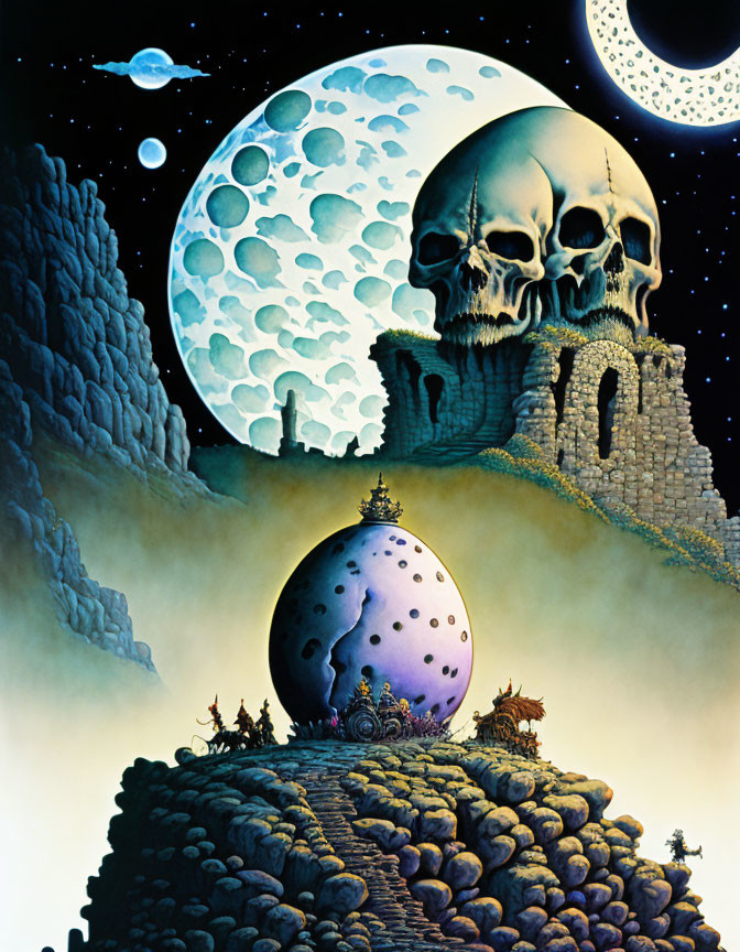 Fantastical landscape with craggy cliff, castle, skull moon, planets, starry sky