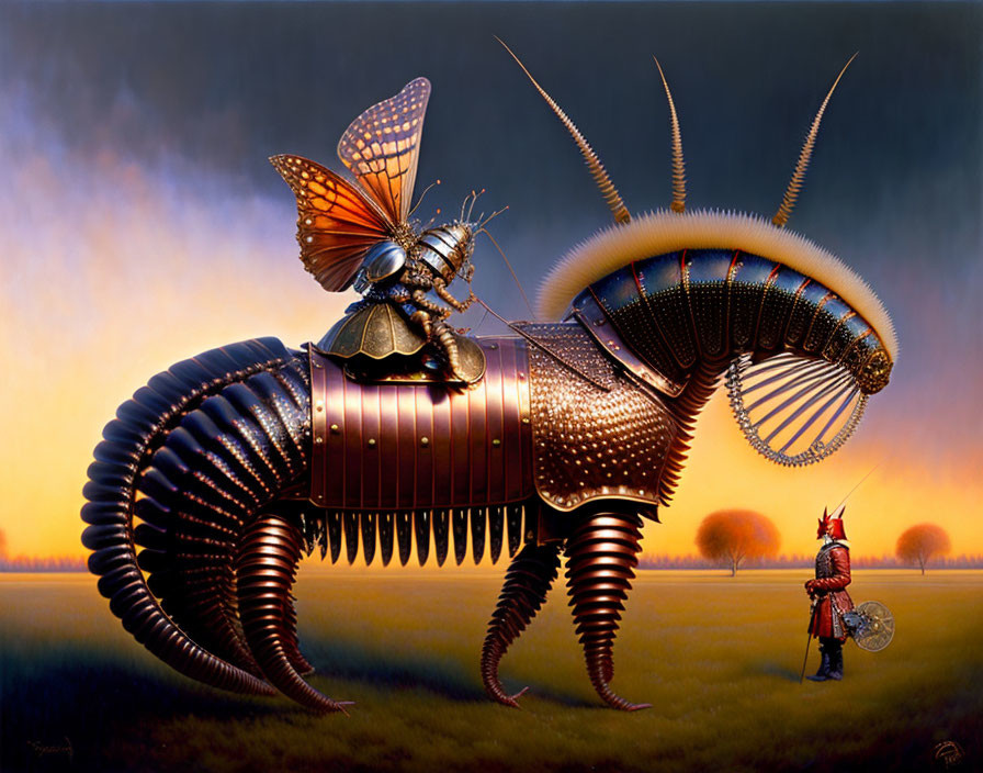 Surreal artwork: Giant armored caterpillar, butterfly rider, tiny knight in dusky field