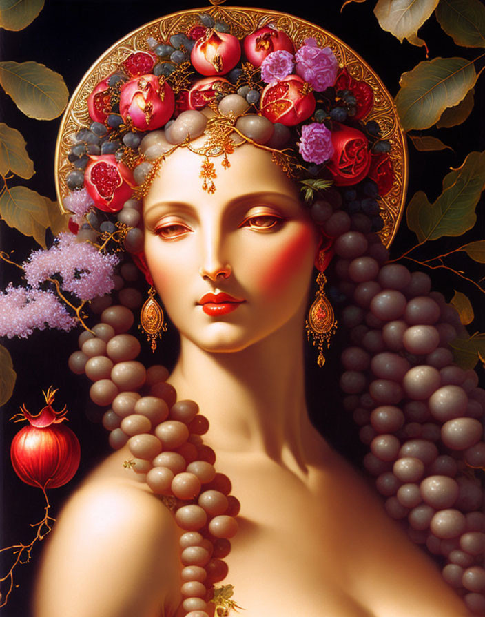 Stylized woman portrait with fruit and flower headdress and grapevine accents