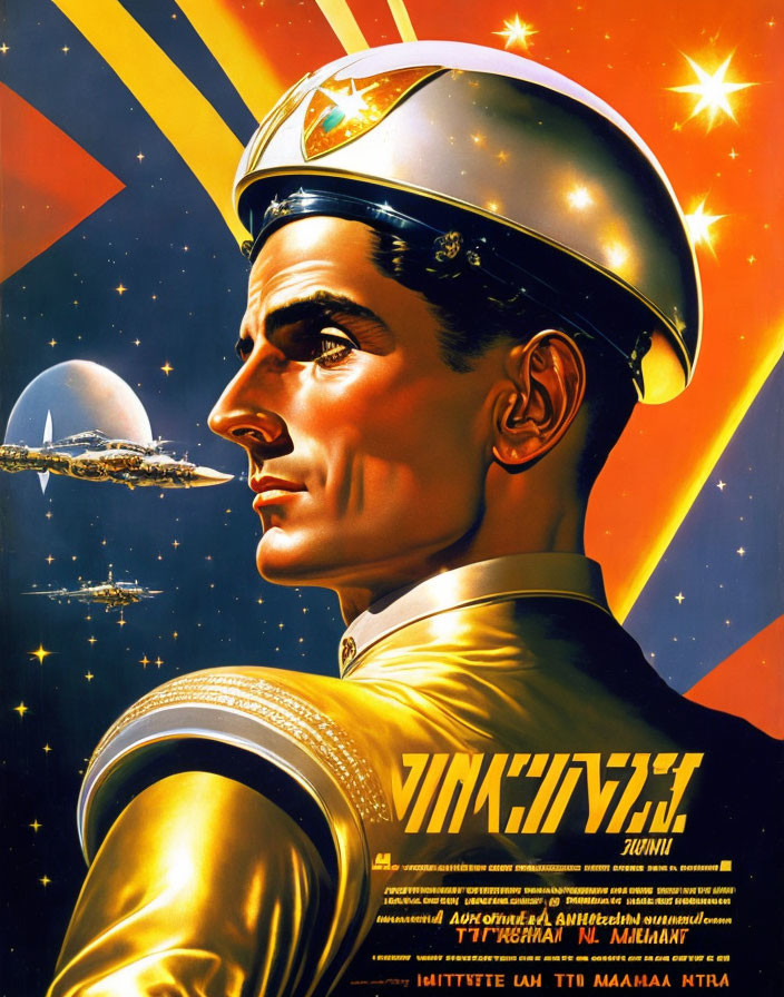 Military officer in uniform with spaceship and planet in retro-futuristic style